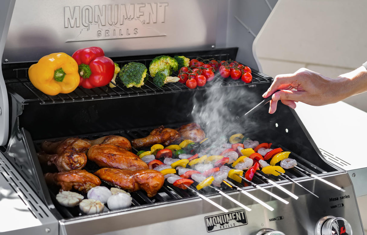 Monument Grills 4-Burner Liquid Propane Gas Grill, Silver Stainless Steel Grill Outdoor Patio Garden Barbecue Grill with Clearview® Lid and One Foldable Shelves, Mesa400MF Monument Grills
