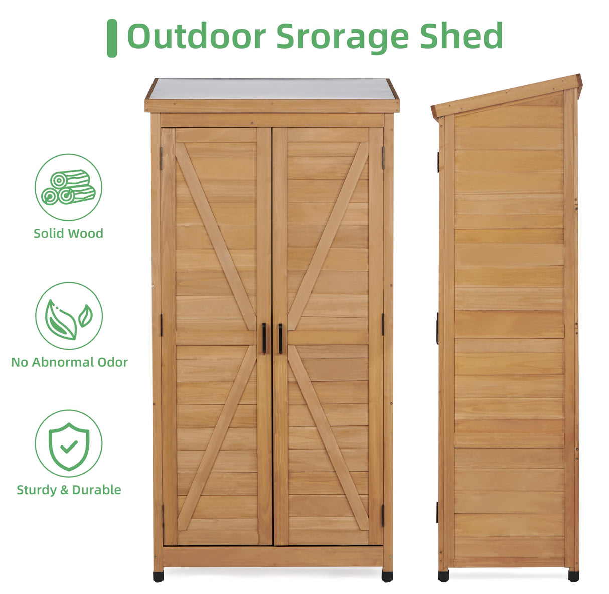 68''x33''x20'' Outdoor Wooden Storage Shed with Metal Top Tall Vertical Tool Cabinet for Backyard Garden Patio Lawn （Gold） Mederlo