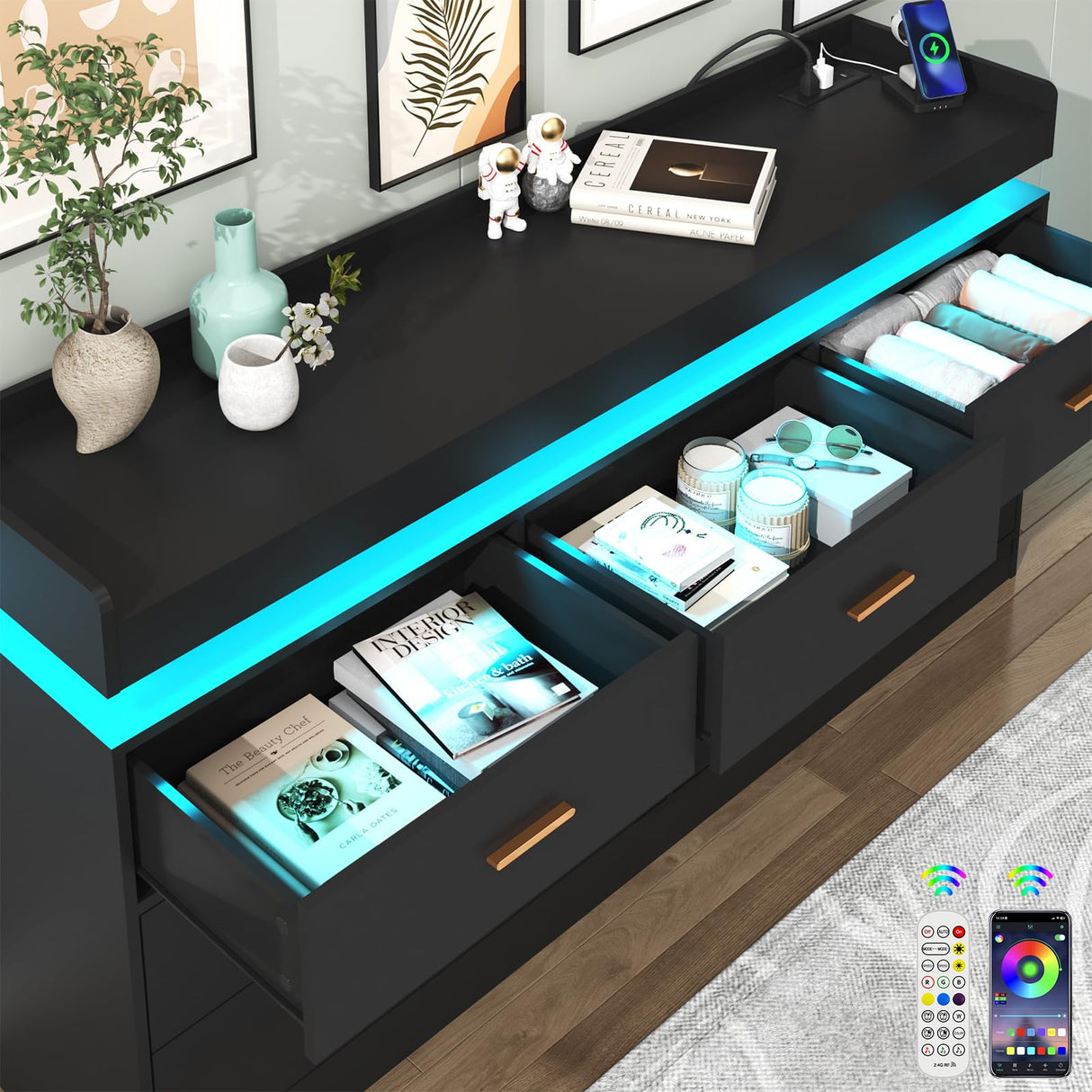 7 Drawer Dresser with LED Light and Charging Station, Modern Chest of Drawers for Closet, Wide Drawer Organizer Cabinet for Bedroom, Living Room, Entryway, Hallway, Black Hlivelood