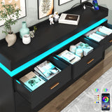 7 Drawer Dresser with LED Light and Charging Station, Modern Chest of Drawers for Closet, Wide Drawer Organizer Cabinet for Bedroom, Living Room, Entryway, Hallway, Black Hlivelood