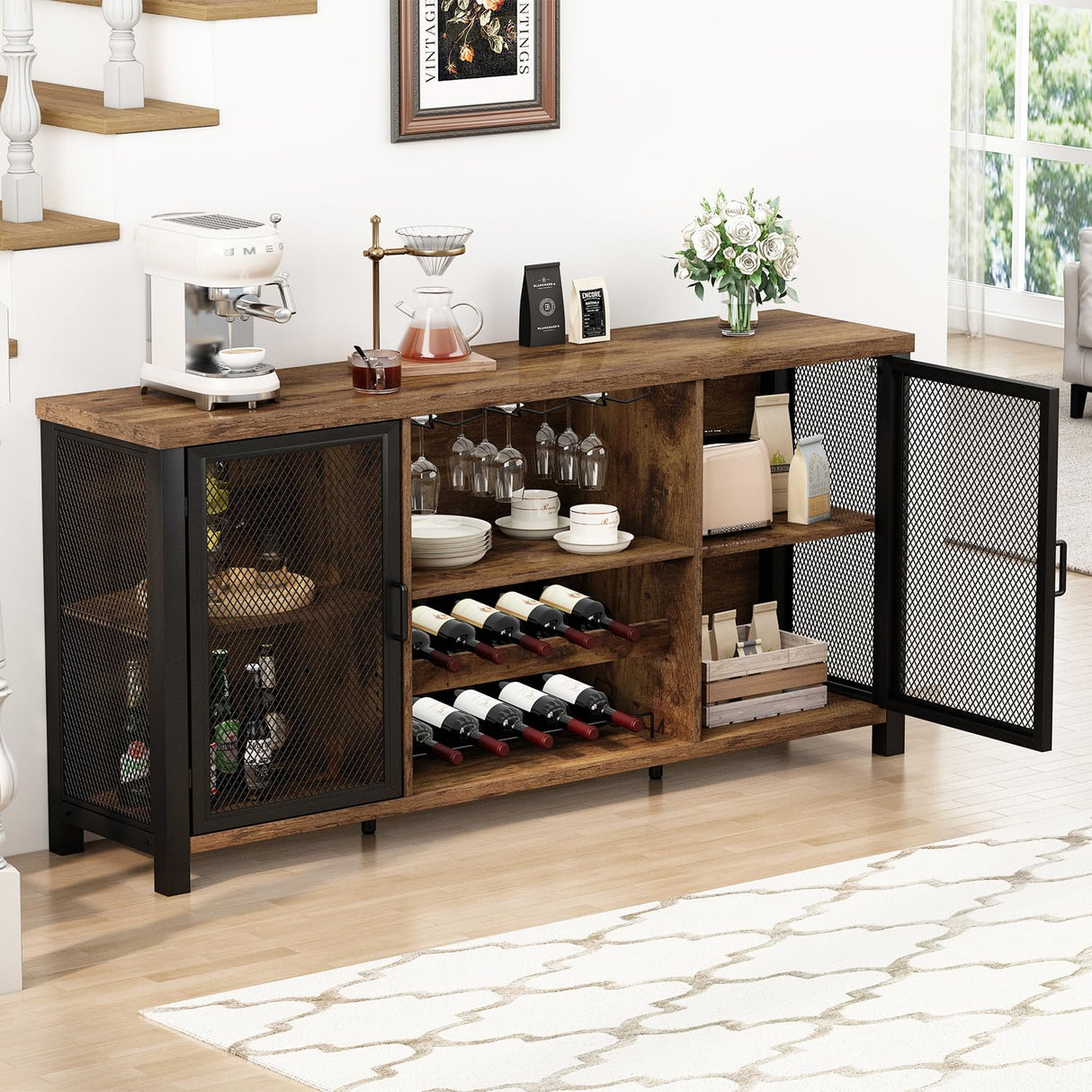 Launica Industrial Coffee Bar Cabinet, Wine Bar Cabinet for Liquor and Glasses, Liquor Cabinet with wine Rack Storage, Wood Metal Sideboard Buffet Cabinet for Home Kitchen Dining, Rustic Brown 55 Inch Launica