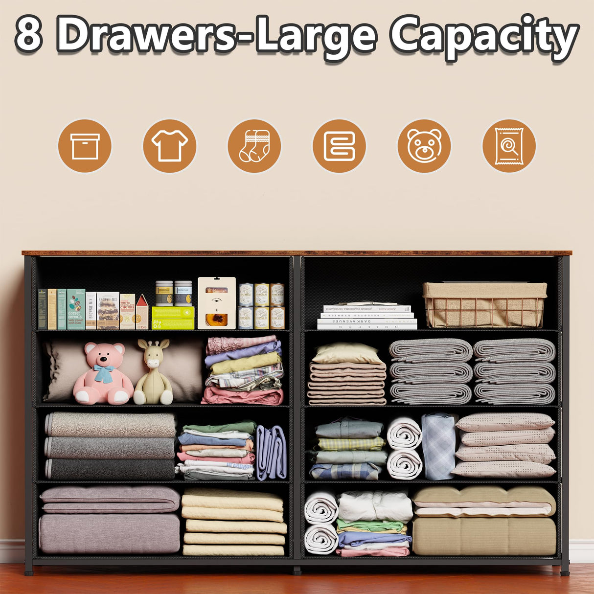 Furnulem Long Dresser for Bedroom, TV Stand for 55'' TV, Wide Storage Drawer Unit with 8 Fabric Bins, Double Dresser for Bedroom, Office, Dorm, Closet, Entryway, Wood Top (Rustic Brown) Furnulem