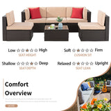 Shintenchi 6 Pieces Patio Furniture Sets Outdoor All-Weather Sectional Patio Sofa Set PE Rattan Manual Weaving Wicker Patio Conversation Set with Glass Table&Ottoman Cushion and Red Pillows, Beige Shintenchi