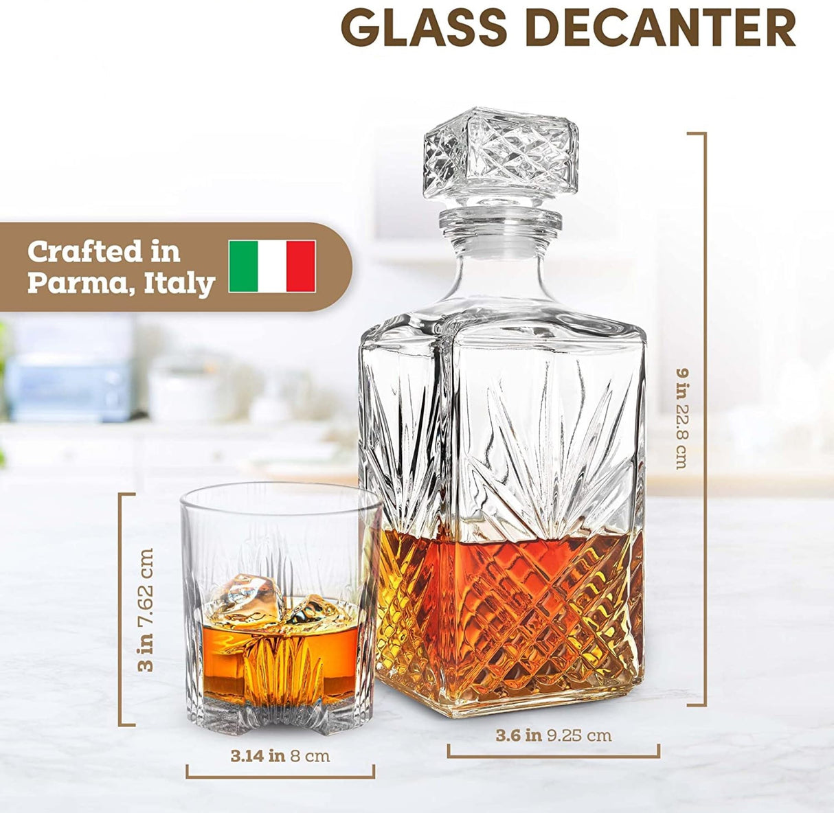 Bormioli Rocco Selecta Collection Whiskey Decanter – Sophisticated 33.75oz Diamond Decanter With Starburst Detailing – For Whiskey, Bourbon, Scotch & Liquor Bormioli Rocco