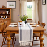 Tosleo Boho Table Runner 12×108 Inches Long with Tassels Grayish Blue Double Striped Farmhouse Rustic Table Runner for Dining Wedding Party（One Piece） Tosleo