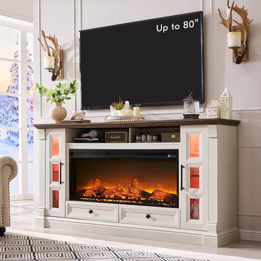 OKD Fireplace TV Stand for up-to-80 TV, Farmhouse 36" Tall Entertainment Center with 42" Electric Fireplace, Media Console with Glass Door Cabinets & Drawers for Living Room, Antique White