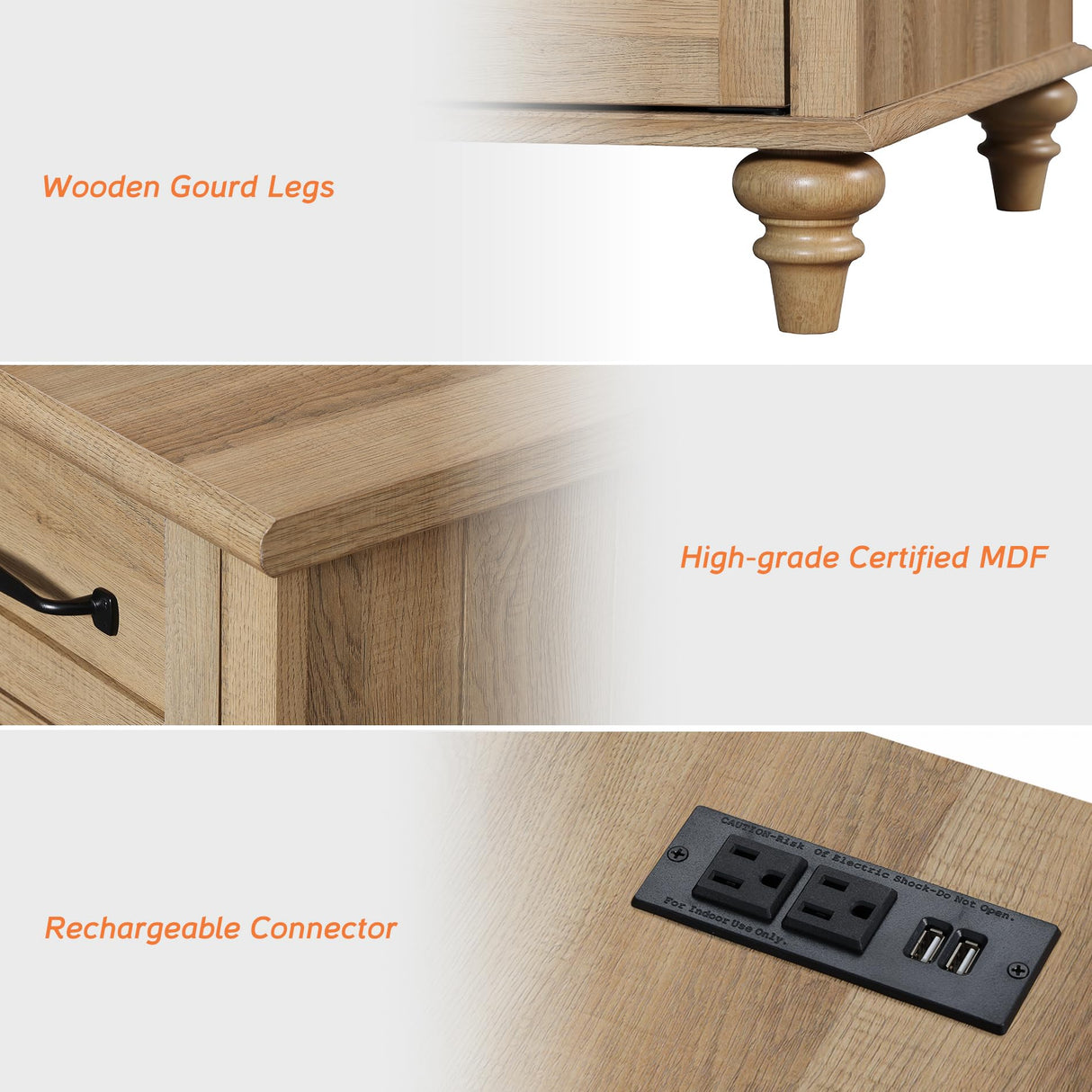 WAMPAT Nightstands with Charging Station Set of 2, 20 Inch Night Stand with 2 Drawers, Wooden Rustic Bedside Table End Tables with Solid Wood Legs for Bedroom & Living Room, Natural Oak WAMPAT