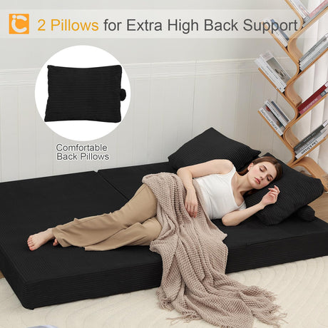 COMAX Convertible Sofa Bed, Folding Floor Couch Corduroy Fold Out Couch Bed Futon Sleeper Mattress with Pillows, Boneless Sofa Comfy Lounge Loveseat for Living Room Bedroom, Black COMAX