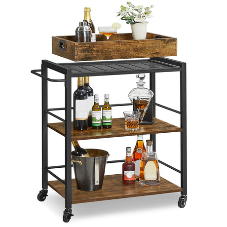 VASAGLE Kitchen Serving Cart with Removable Tray, 3-Tier Kitchen Utility Cart on Wheels with Storage, with Brakes, Leveling Feet, 15.7 x 28.3 x 33.9 Inches, Rustic Brown and Black ULRC72X VASAGLE