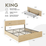Yechen King Bed Frame with Natural Rattan Headboard and Wooden 4 Storage Drawers, Light Oak Metal Platform Bedframe with Strong Wooden Slats Support, Boho Cane Wood Bed, No Box Spring Needed Yechen