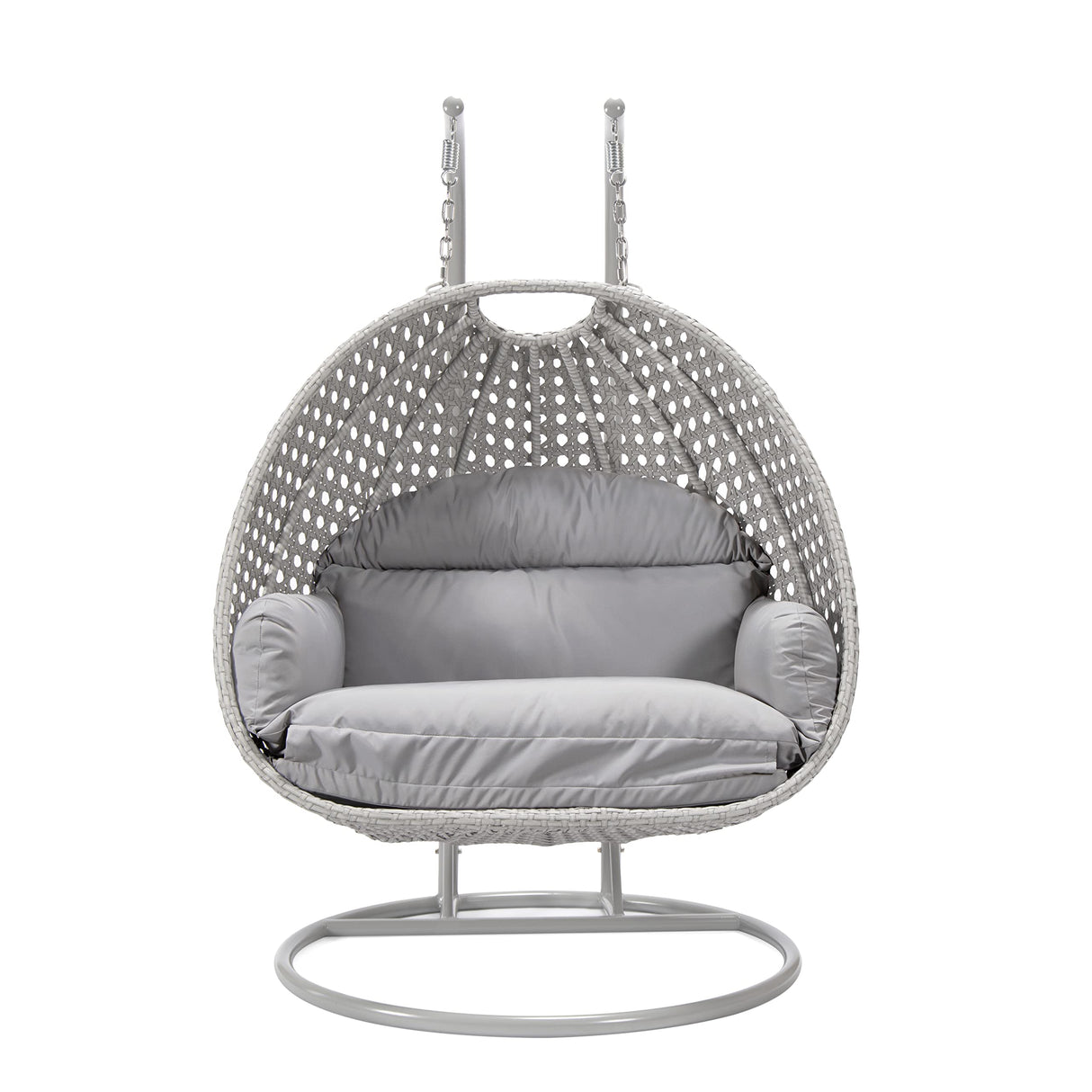 LeisureMod Light Gray Wicker 2-Person Patio Hanging Double Egg Swing Chair with Stand & Cushions for Indoor Outdoor Patio Garden Light Grey LeisureMod