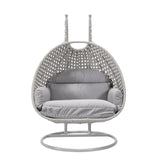 LeisureMod Light Gray Wicker 2-Person Patio Hanging Double Egg Swing Chair with Stand & Cushions for Indoor Outdoor Patio Garden Light Grey LeisureMod