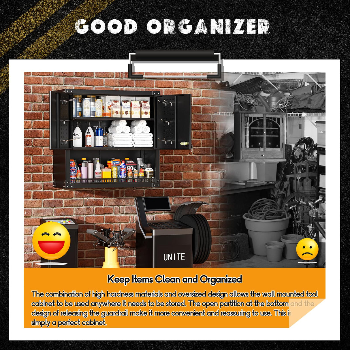 Greenvelly Metal Wall Cabinet with Locking Door, Black Wall Mounted Metal Storage Cabinet with Pegboard and Adjustable Shelf, Steel Tool Cabinet for Garage, Basement, Kitchen, Warehouse Greenvelly