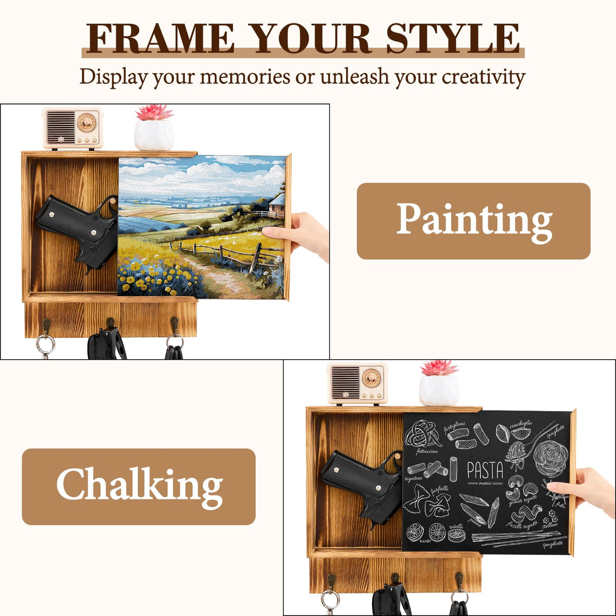 Dononr Hidden Gun Storage, Hidden Gun Safe for Pistols with 3 Metal Hooks, Wooden Picture Frames for Handgun, Hidden Storage Gun Safe Home Furniture, Concealment Furniture Storage, Rustic Brown Dononr