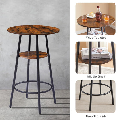 3 Pieces Bistro Table and Chairs Set, Industrial Counter Height Round Bar Table with Storage Shelf, 2 PU Upholstered Seat Stools with Backrest & Footrest, for Kitchen, Bar, Small Space, Rustic Brown