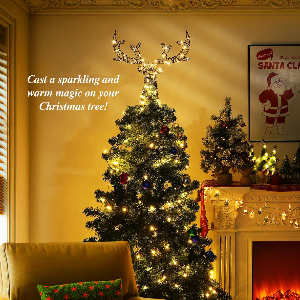 Lewondr Christmas Tree Topper, Metal Frame Deer Tree Topper with 50 Warm Light Beads, Remote & USB Operated Tree Topper with Lights 6H Timer, Xmas Tree Decor for Holiday Home Decoration, Brown Lewondr