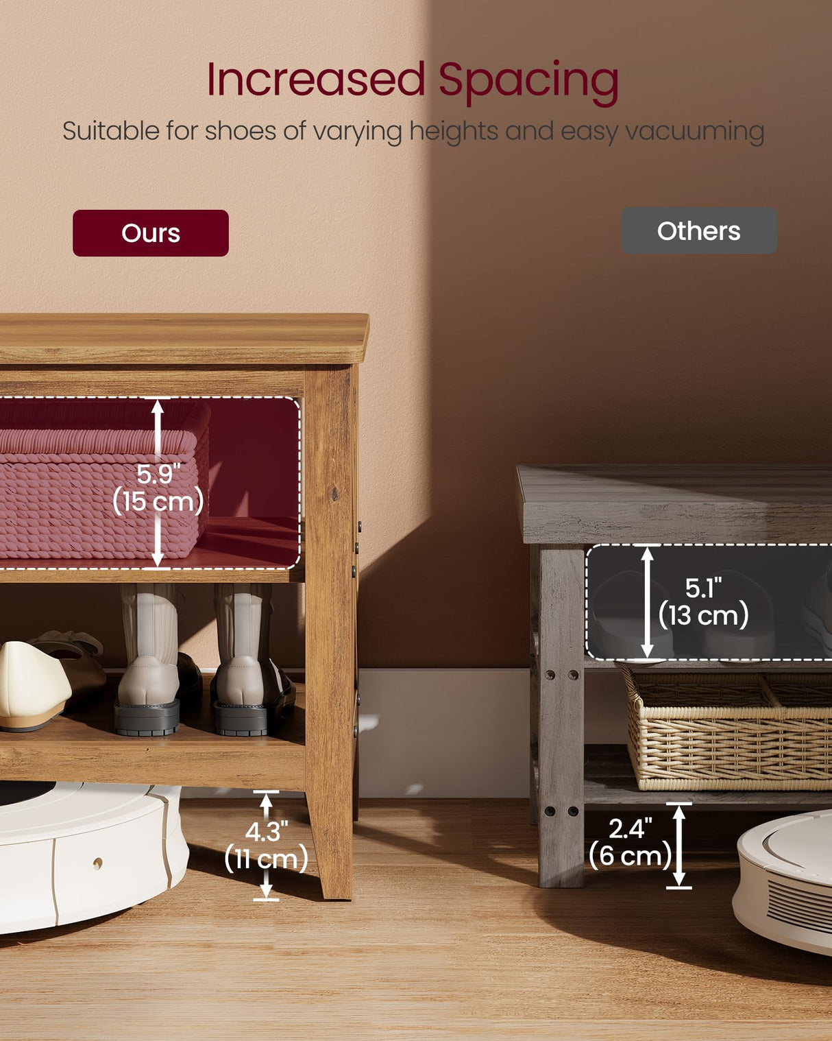 VASAGLE, Entryway Storage Bench, 2-Tier Shoe Rack, 11.8 x 39.4 x 18.9 Inches, Holds up to 600 lb, Farmhouse Style, for Living Room, Bedroom, Honey Brown ULSB153K41 VASAGLE