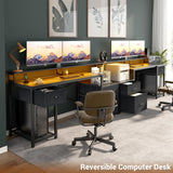 Aheaplus Computer Desk with 3 Drawers, Home Office Desk with File Drawer & Power Outlet, 59'' Gaming Desk with Led Lights, Long Work Desk with Storage Shelves, Printer Cabinet and Monitor Shelf, Black Aheaplus