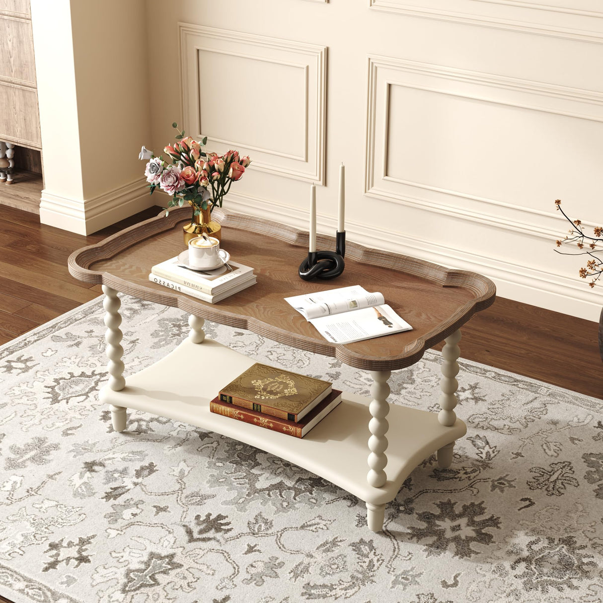 Function Home Farmhouse Coffee Table, Rustic White French Country Center Table with Storage Shelf, Wood Coffee Tables for Living Room Dining Room, Natural Tray Top and Vintage White Spindle Legs Function Home