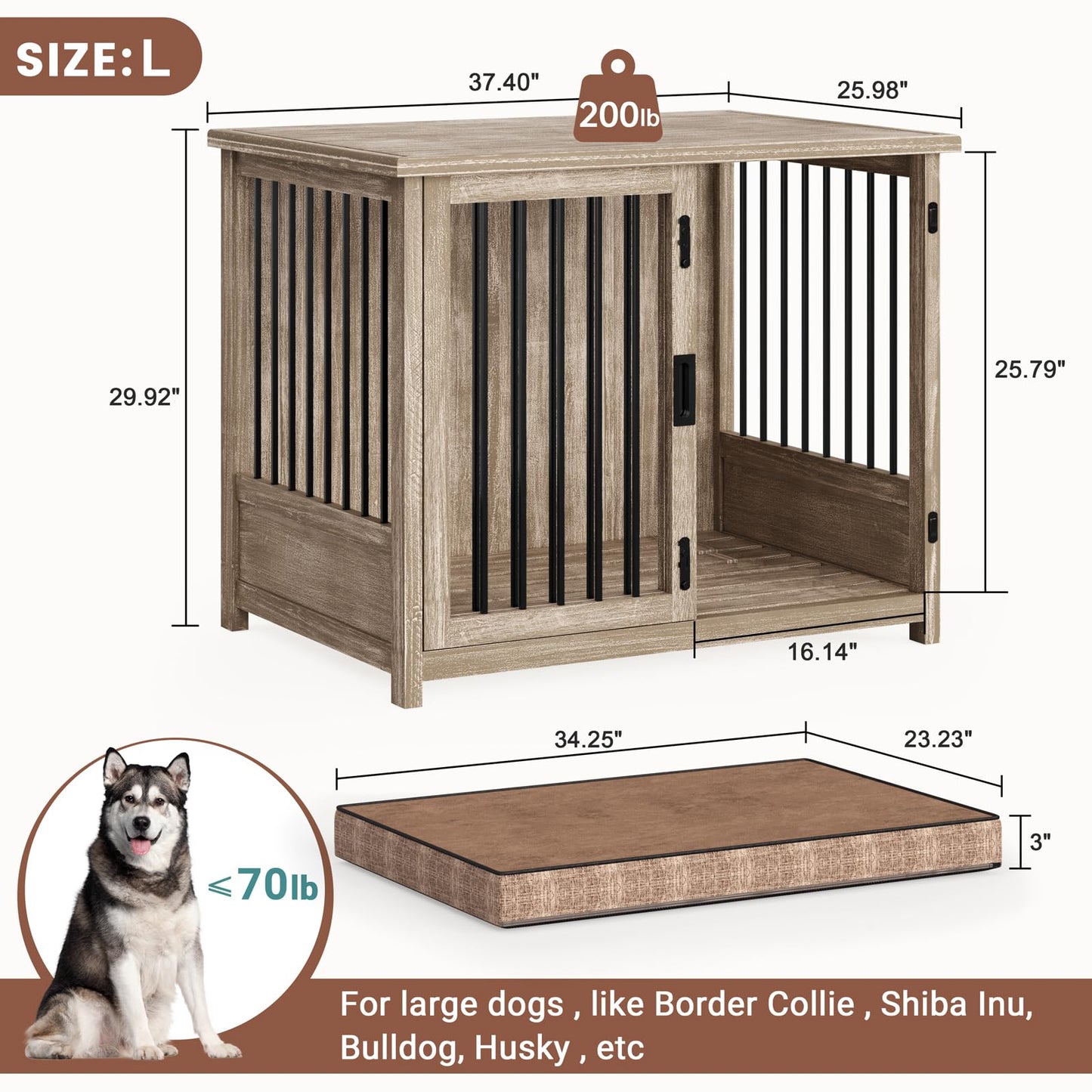 Meadaro 37.4" Dog Crate Furniture Solid Wood with Dog Cushion for Large Dogs, Heavy Duty Dog Kennel Indoor with Sliding Door Chew-Resistant Steel Tube Decorative Dog House Dog Cage Side End T - WoodArtSupply