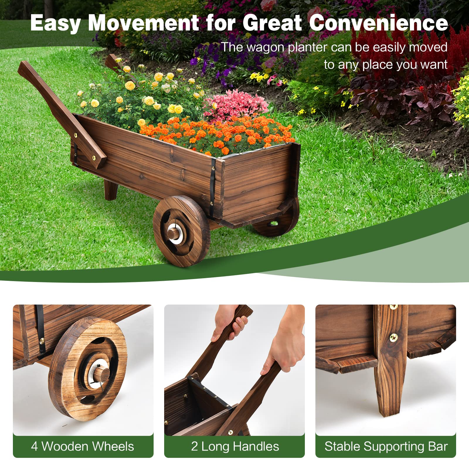 Giantex Wooden Wagon Planter Box, Decorative Wagon Cart with Wheels, Handles, Drainage Hole, Flower Planter Pot Stand, Rustic Flowerpot Planter, Indoor & Outdoor Garden Patio Balcony - WoodArtSupply