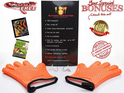 KITCHEN PERFECTION Silicone Smoker Oven Gloves -Extreme Heat Resistant BBQ Gloves -Handle Hot Food Right on Your Grill Fryer Pit|Waterproof Oven Mitts |Superior Value Set+3 Bonuses