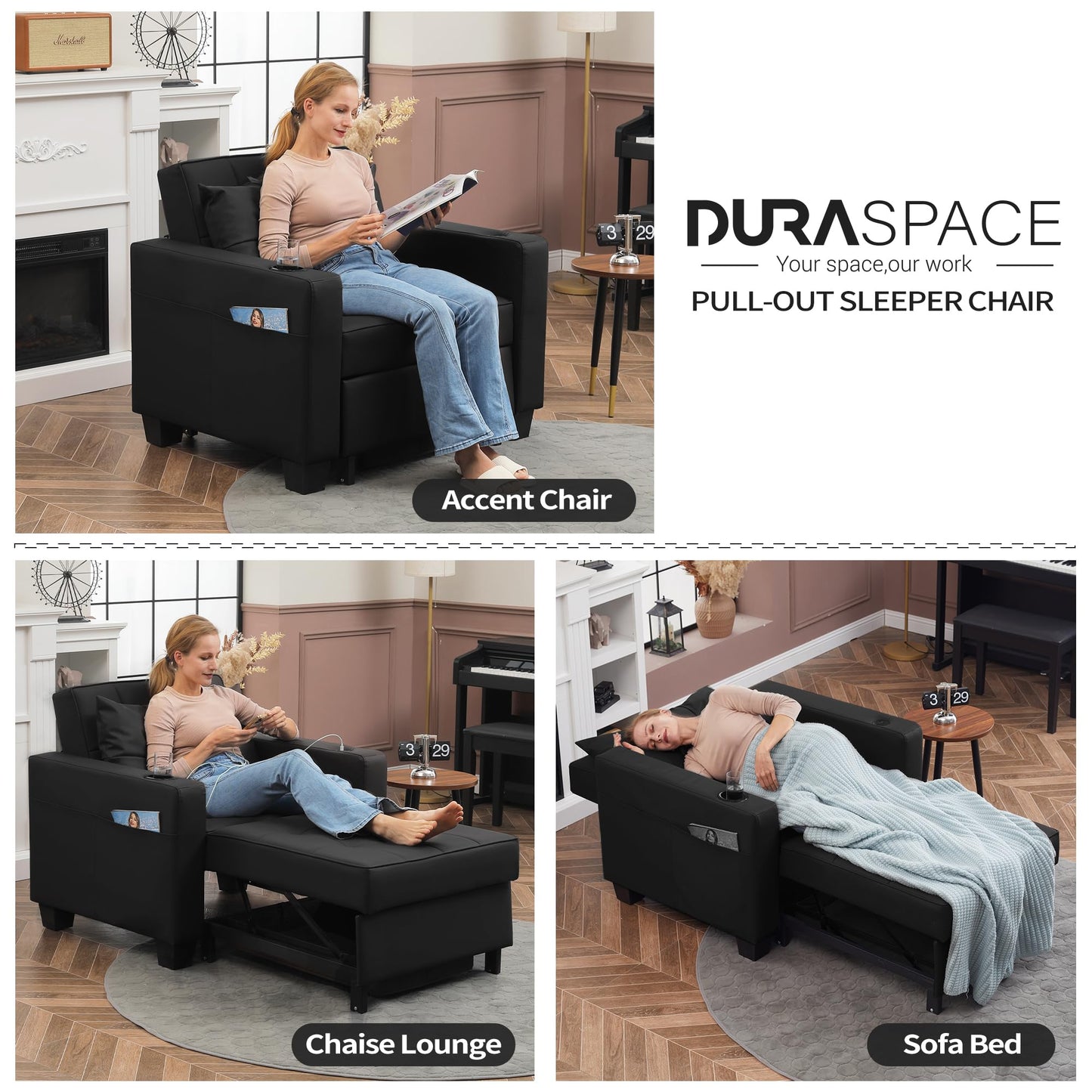 DURASPACE Pull Out Sofa Bed 3-in-1 Convertible Sofa Sleeper Chair Bed with USB, Cup Holder, Adjustable Armchair Beds for Small Spaces, Apartment, Living Room, Office (Black Faux Leather)