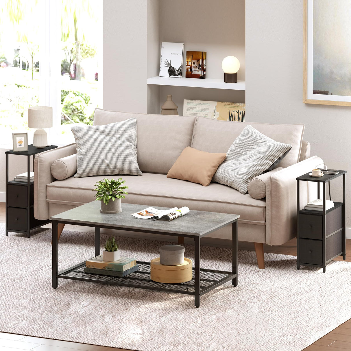 TUTOTAK Small Narrow End Table with Charging Station, Set of 2, Side Table with Outlets, Nightstand with 2 Cloth Drawers, Couch Table, for Living Room, Bedroom, Bedside, Black TB01BK055 TUTOTAK