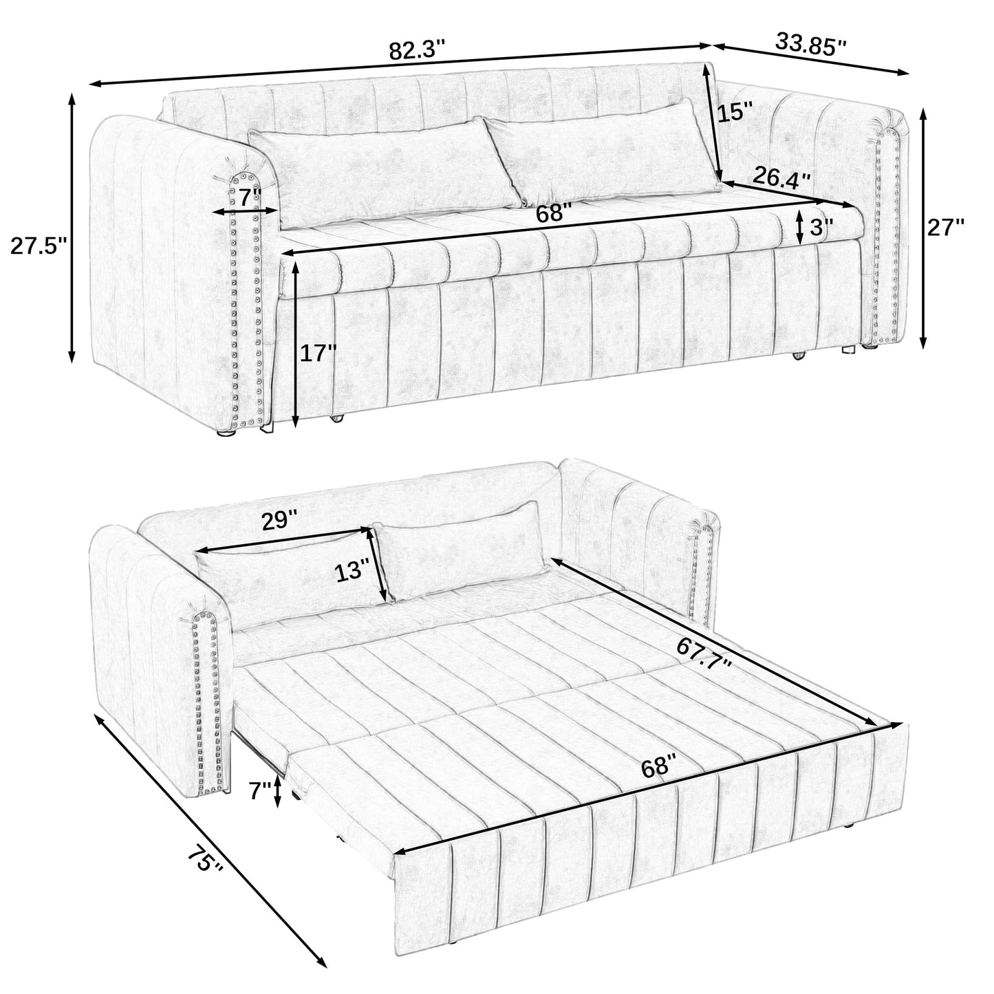 KIVENJAJA 82.3” Sleeper Sofa Bed Couch, Convertible 3-Seater Sofas with King Size Pull Out Sofabed, 3 in 1 Pullout Couches w/ 2 Drawers & Pillows for Living Room, Velvet, Beige - WoodArtSupply