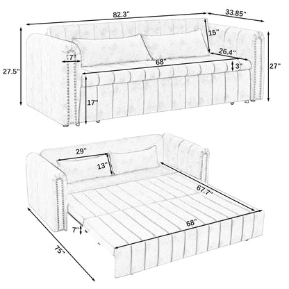 KIVENJAJA 82.3” Sleeper Sofa Bed Couch, Convertible 3-Seater Sofas with King Size Pull Out Sofabed, 3 in 1 Pullout Couches w/ 2 Drawers & Pillows for Living Room, Velvet, Beige - WoodArtSupply