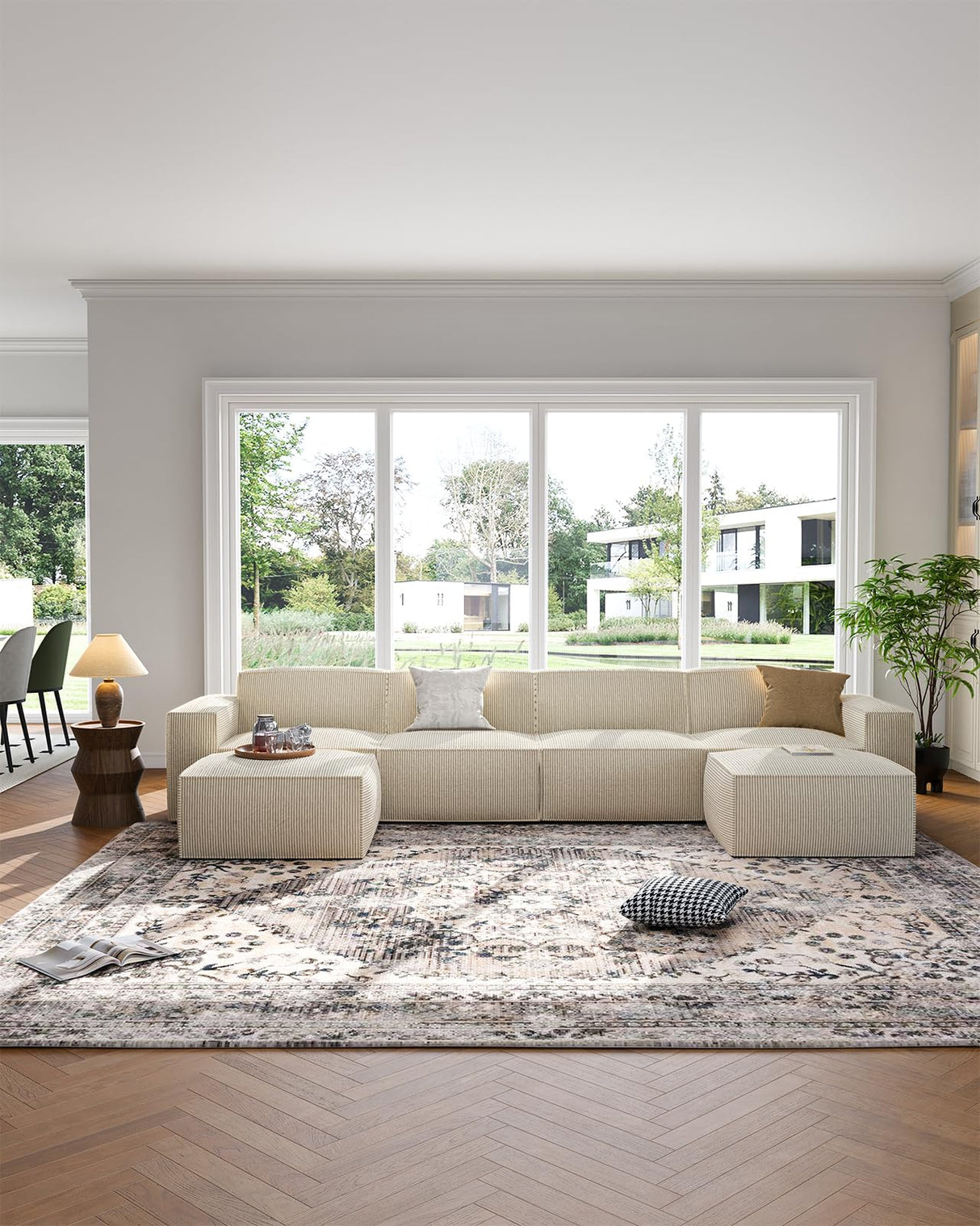 AMADA 142" Sectional Couch with L-Shape Chaise,Corduroy Cloud Couches with Deep Seats &High-Back,Upholstered Couches for Living Room Bedroom with Ottoman,No Assembly Required（4-seater&2 Ottoman，Beige） AMADA HOMEFURNISHING