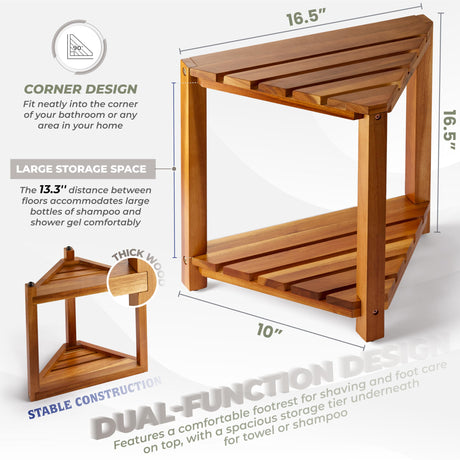 BLUEWEST Corner Shower Stool, Wooden Corner Shower Bench for Shaving Legs Inside Shower, Waterproof Shower Foot Rest with Storage Shelf, Shower Seats and Benches BLUEWEST