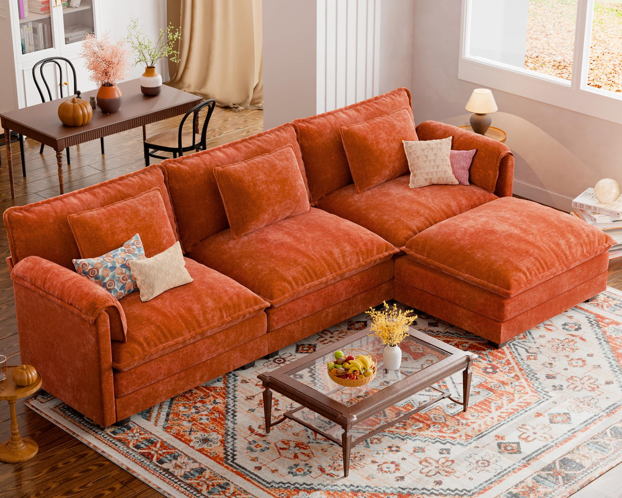 ELUCHANG Oversized 113" Modular Sectional Sofa, Comfy Cloud Couch, L Shaped Deep Seat Sofa Couches for Living Room, 4-Seater Modern Sofa with Movable Ottoman, DIY Combination - Chenille Terracotta ELUCHANG