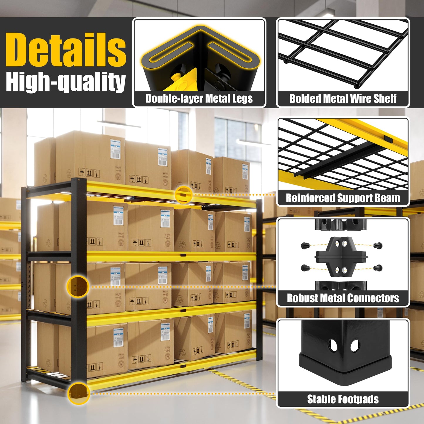 PrimeZone Heavy Duty Storage Shelves - 40" W X 20" D X 60" H Adjustable Garage Wire Shelving Unit, 4 Tier Industrial Metal Shelf Standing Utility Rack for Warehouse, Basement, Black & Gold, 2 Pack