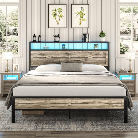 CHABUILDREARK Queen Bed Frame with Charging Station and LED Lights, Farmhouse Platform Bed with Storage Headboard, Rustic Barn Door Design, Noise Free, No Box Spring Needed, Wash Grey CHABUILDREARK