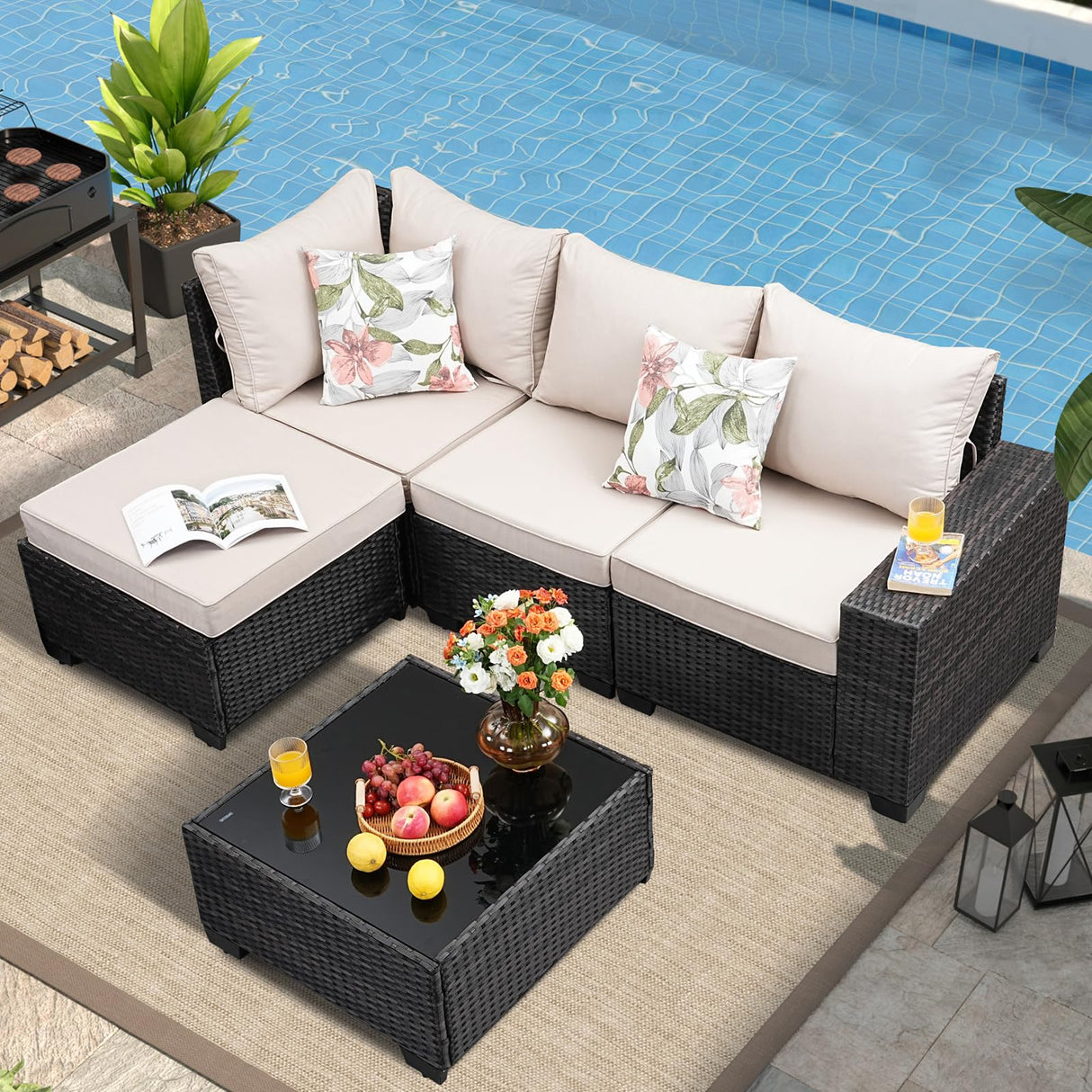 SunloungeCo 5 Pieces Outdoor Patio Furniture Set, Wicker Conversation Sets with Tea Table, Rattan Patio Sofa with Thick Cushions for Garden, Backyard, Poolside, Party, Beige SunloungeCo