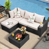 SunloungeCo 5 Pieces Outdoor Patio Furniture Set, Wicker Conversation Sets with Tea Table, Rattan Patio Sofa with Thick Cushions for Garden, Backyard, Poolside, Party, Beige SunloungeCo