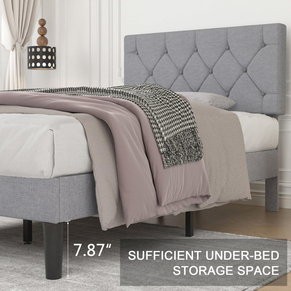 VECELO Twin Bed Frame with Button Tufted Headboard, Upholstered Platform with Wooden Slat Support, No Box Spring Needed, Grey VECELO