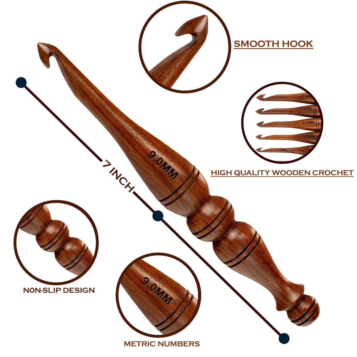 Bhartiya Handicrafts Wooden Crochet Hooks Set, 12pcs Ergonomic Knitting Needles - Rosewood, 3.5mm(E) to 12mm(P) - Includes Holder Bhartiya Handicrafts