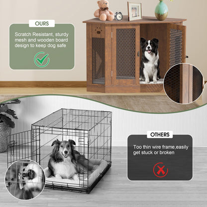 EazeHome Furniture Style Corner Dog Crate for Small Medium Dogs, 45 Inch Indoor Aesthetic Puppy Kennel TV Stand, Modern Decorative Wood Pet House Dog Cage, Cute End Side Table Nightstand, Walnut