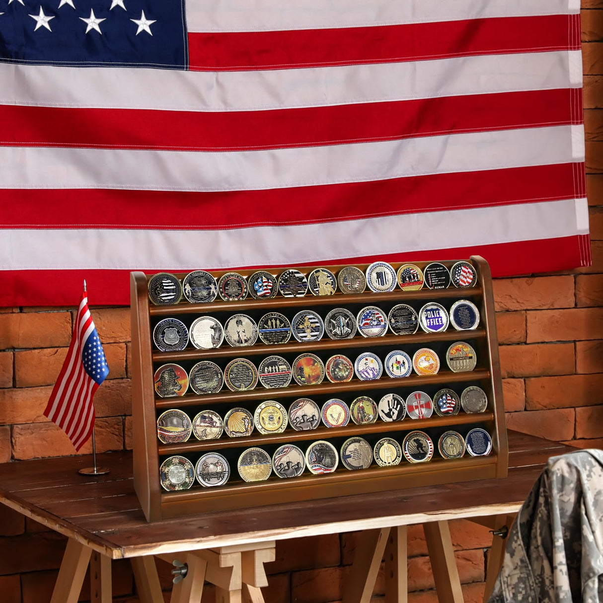 ASmileIndeep 5 Rows Challenge Coin Holder Display Stand Holds 50 Coins for Wall Mount or Tabletop, Solid Wood Military Coin Rack Display Case for ASmileIndeep