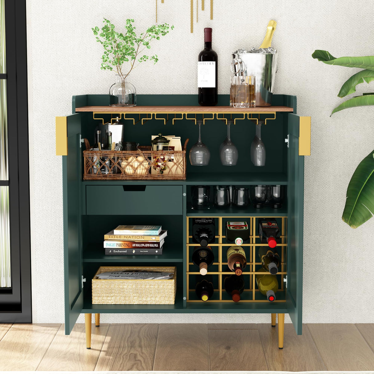 ARTPOWER Coffee Bar Cabinet with Wine Racks, Green Liquor Cabinet with Fluted Texture, Modern Sideboard Buffet Cabinet for Kitchen Dining Room, Living Room ARTPOWER