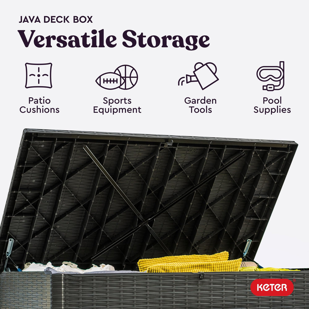 Keter Java XXL 230 Gallon Resin Rattan Look Large Outdoor Storage Deck Box for Patio Furniture Cushions, Pool Toys, and Garden Tools, Dark Grey Keter