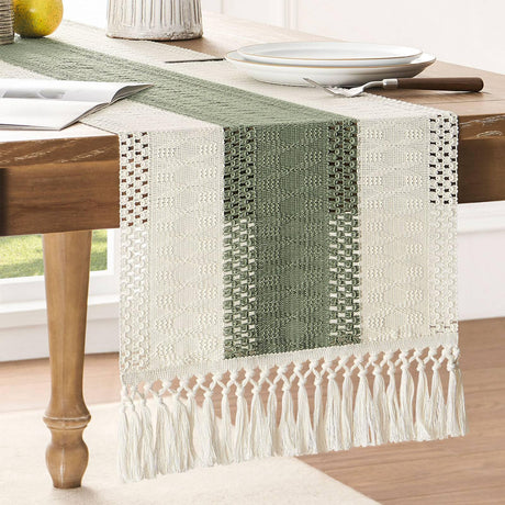 ZeeMart Macrame Style Bicolor Stitching Table Runner, 14 x 72 Inch Green/Ivory, Boho Sage Green Table Runners 72 Inches Long, Farmhouse Woven Home Decor ZeeMart