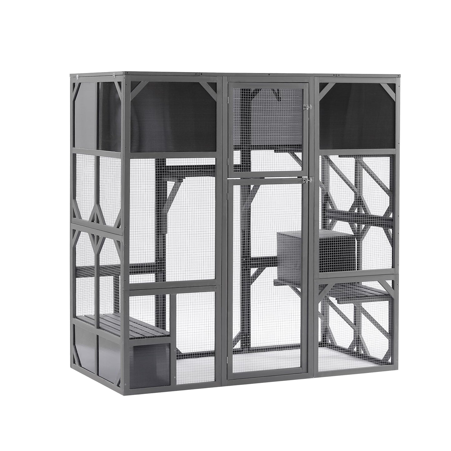 Miscoos Outdoor Wooden Cat Catio Enclosure, Super Large Entry, L67.5'', Walk-in Kitten Cage with Bouncy Bridge, Platforms, Small Houses, Dark Grey Sunshine Board - Ideal for Safe Play and Relaxation