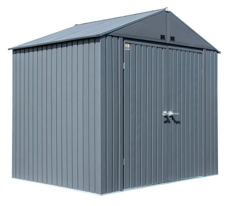 Arrow Shed Elite 8' x 6' Tall Outdoor Steel Storage Shed with High Gable and Lockable Doors Storage Building, Anthracite Arrow