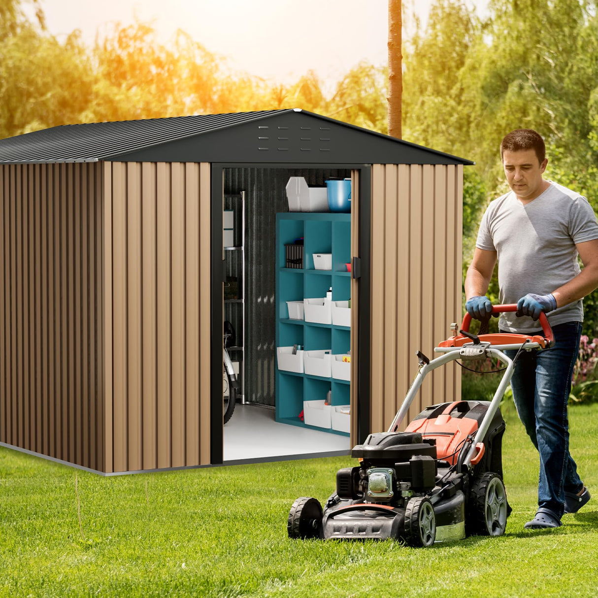 Outdoor Storage Shed, 10 x 8 FT Utility Tool Shed, Metal Storage Garden Shed with Door & Lock for Patio Storage, Brown CuisinSmart