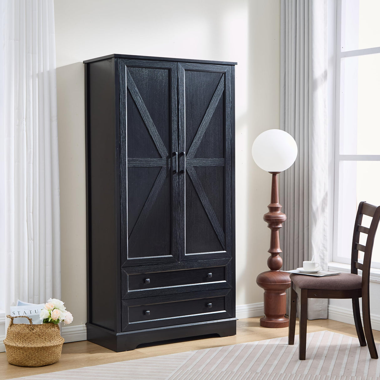 SOOWERY Dresser for Bedroom, Farmhouse Dresser with 2 Wooden Drawers and Storage Cabinets, 71 Inches Tall Chest of Drawers for Bedroom, Living Room, Hallway, Black SOOWERY