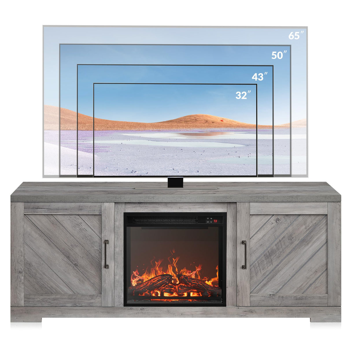 BELLEZE Modern 58" Farmhouse TV Stand with 18" Electric Fireplace Heater & Media Entertainment Center for TV up to 65", Console Table with Storage Cabinets - Hilo (Grey Wash) BELLEZE