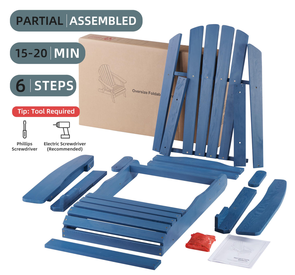 Oversized Wooden Folding Adirondack Chair with Pre-Assembled Backrest and Seat Board, Lounge Chair for Outdoor Patio Garden Lawn Backyard Firepit Deck Pool Beach Wood-Natrl